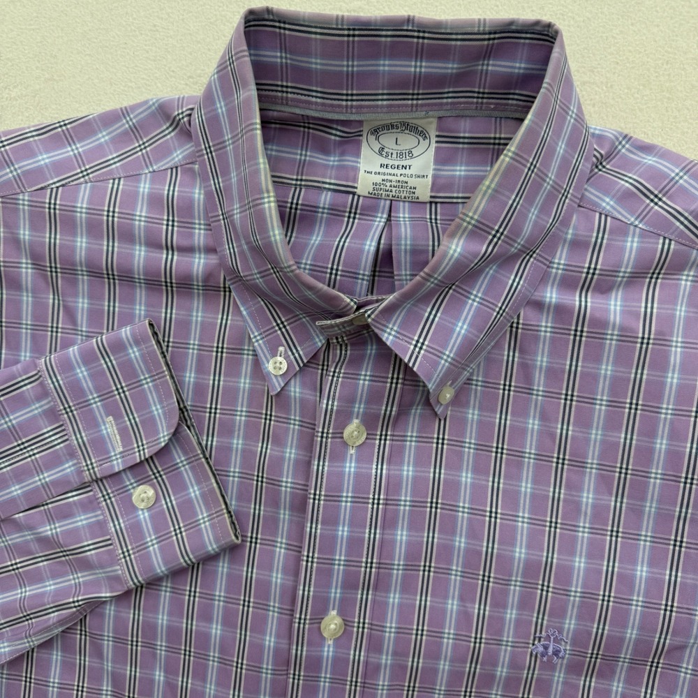Brooks Brothers Men's L Large Regent Purple Plaid Button Down Long Sleeve‎ Shirt